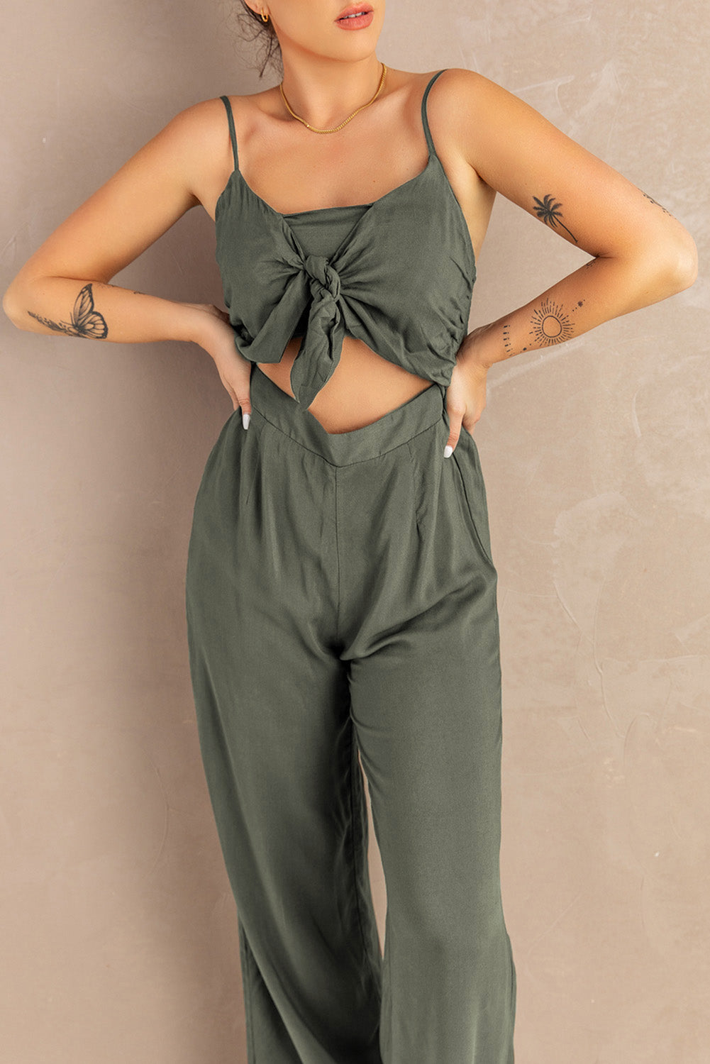Knotted Hollow-out Front Sleeveless Wide Leg Jumpsuit