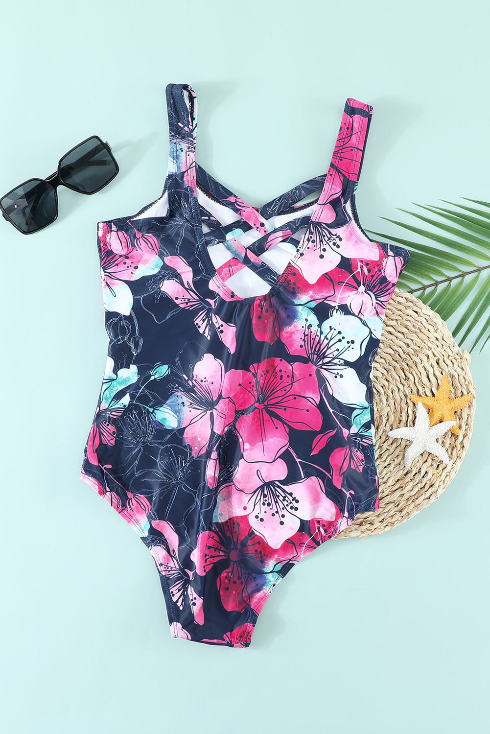 Floral Print Criss Cross U-neck One-piece Swimsuit