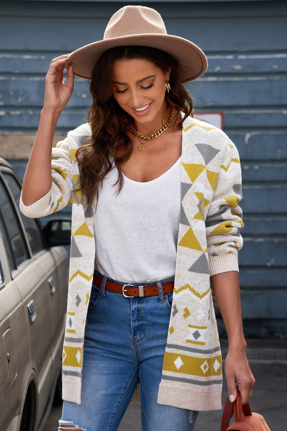 Geometric Print Open Front Knitted Cardigan