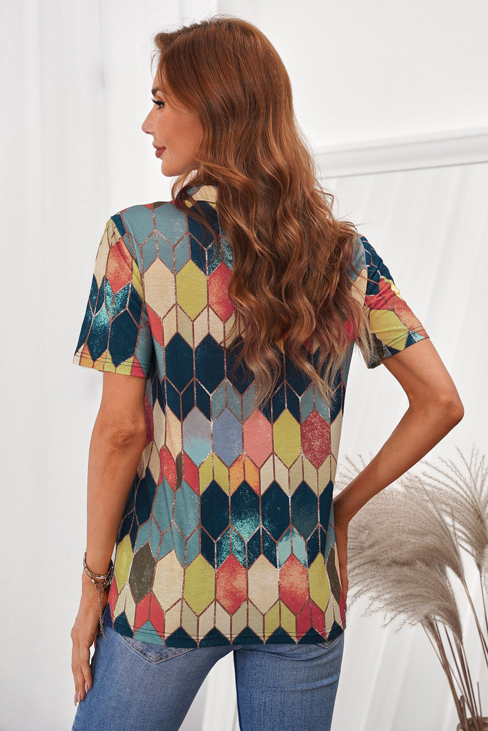 Geometric Color Bock V Neck Short Sleeve T Shirt