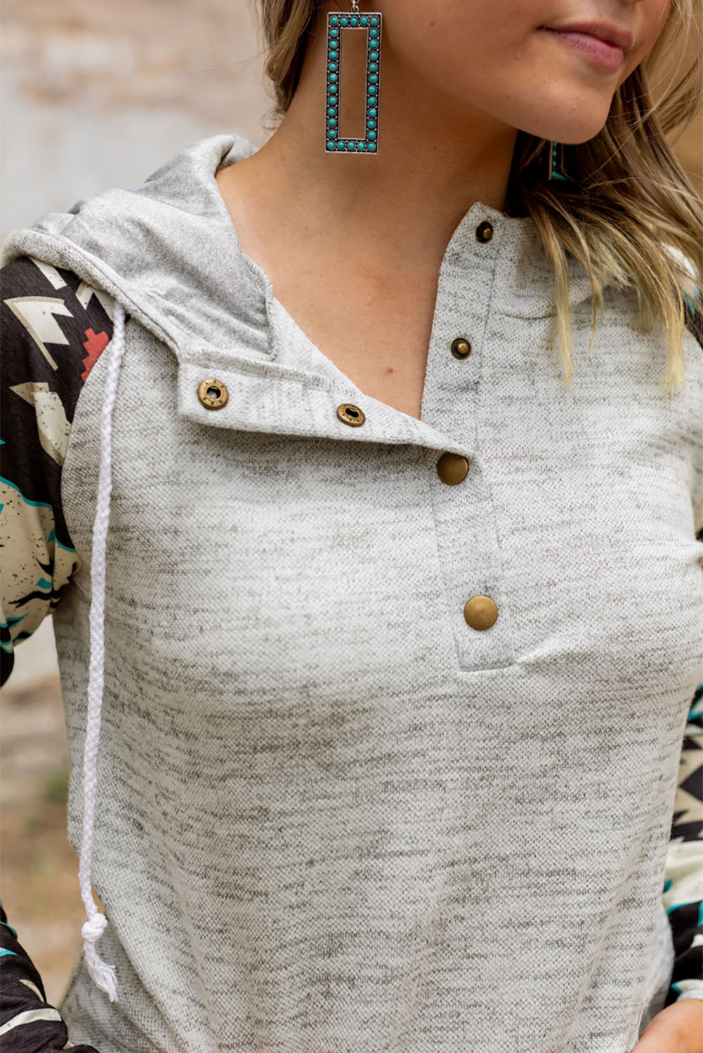 Tribal Print Long Sleeve Button Neckline Drawstring Hoodie