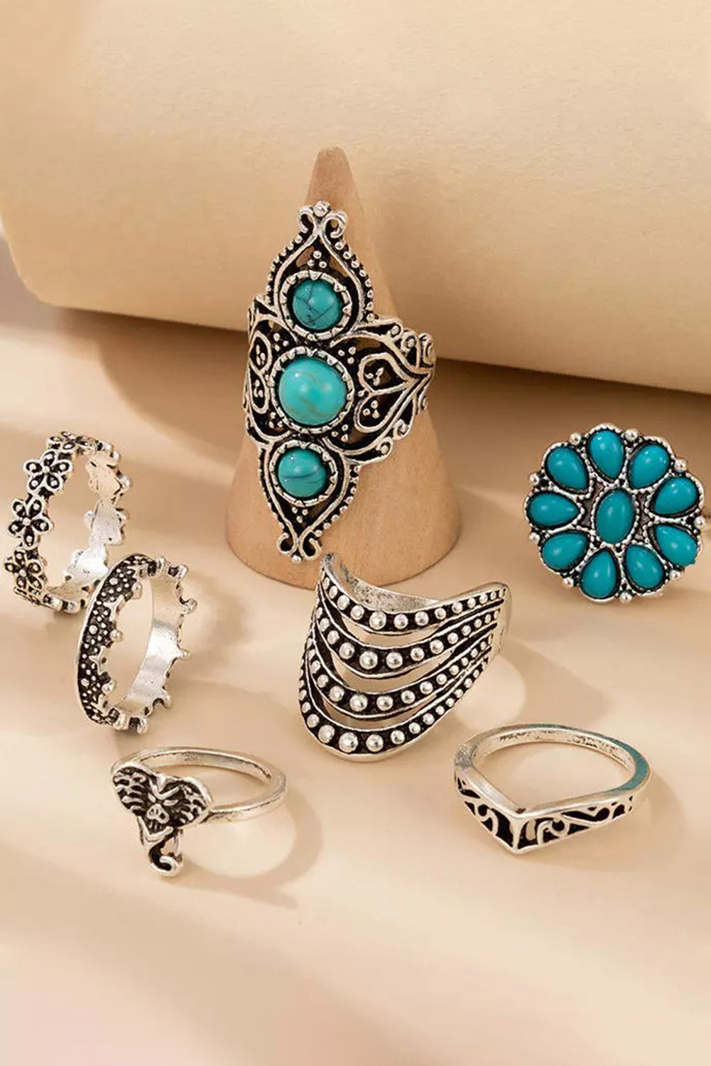 7Pcs Floral Geometric Turquoise Vintage Ring Set