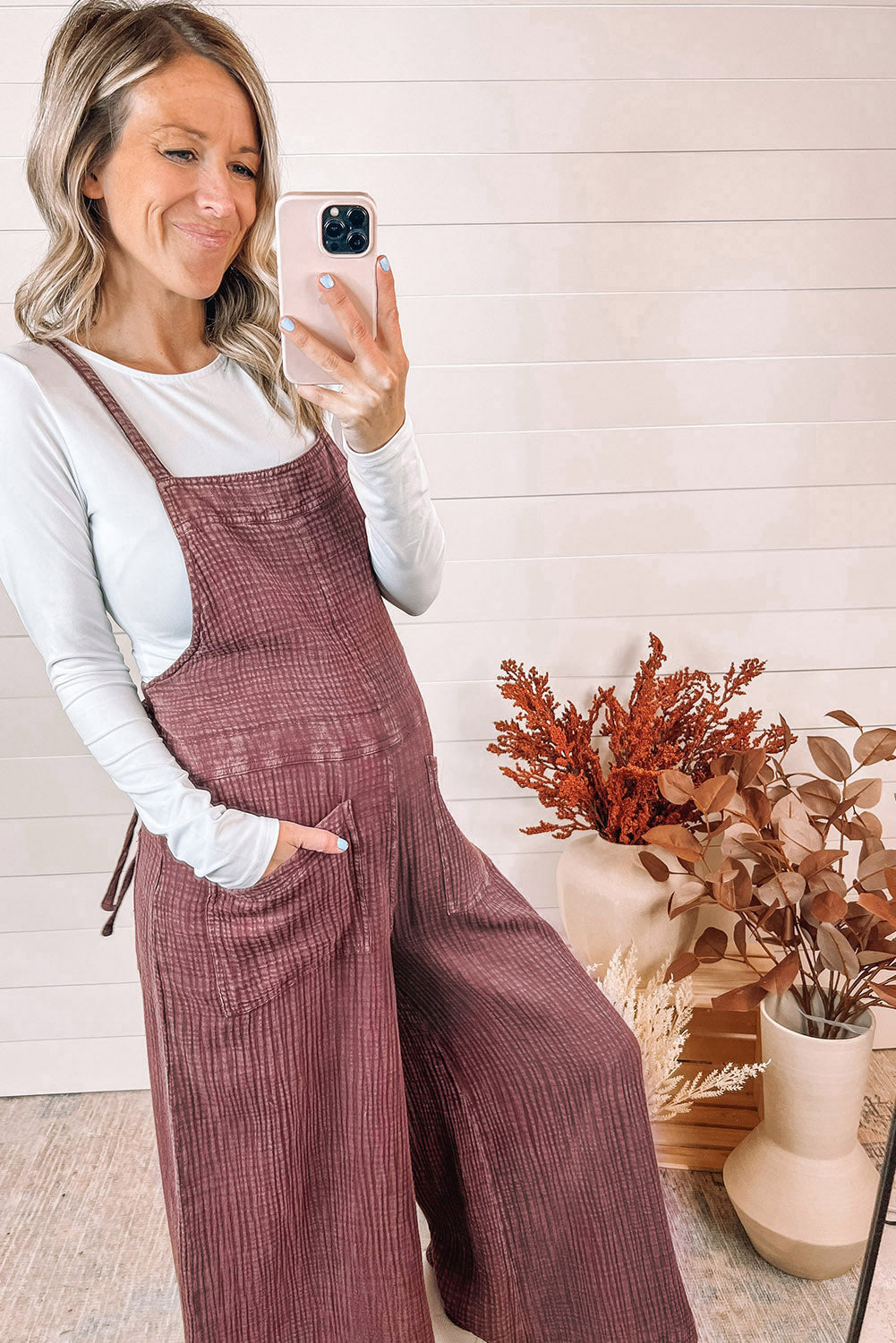 Fiery Red Textured Shoulder Straps Pocketed Overalls