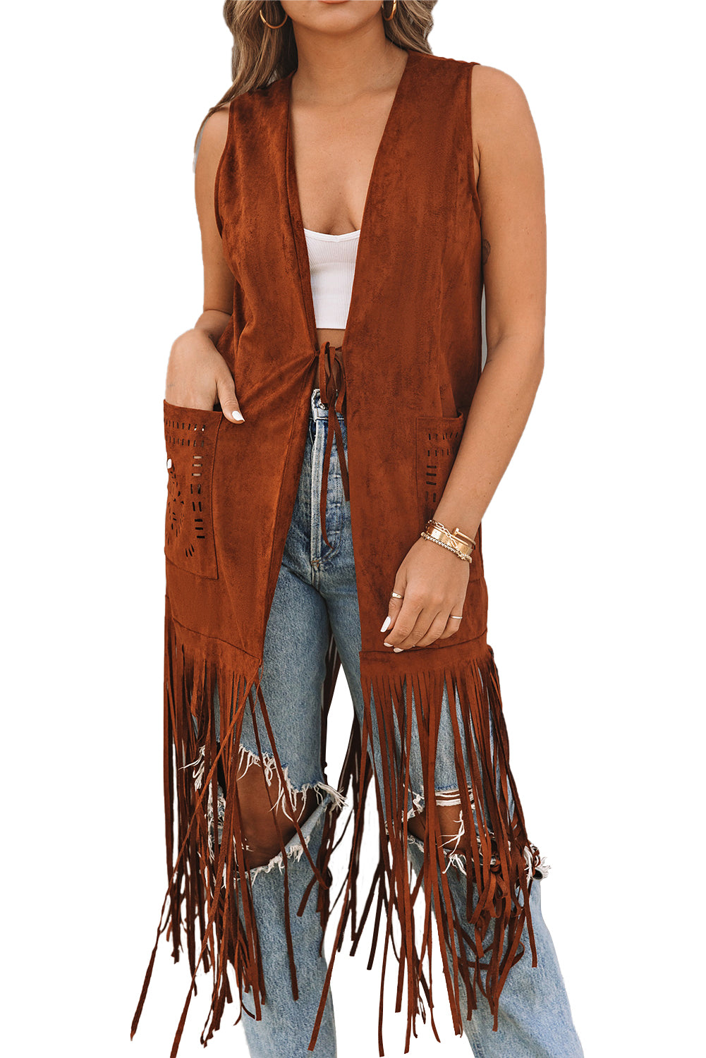 Faux Suede Cowgirl Fringed Sleeveless Long Cardigan