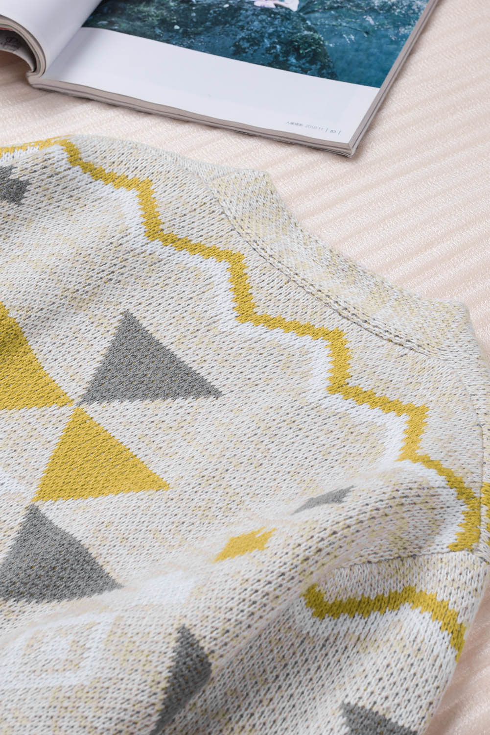 Geometric Print Open Front Knitted Cardigan