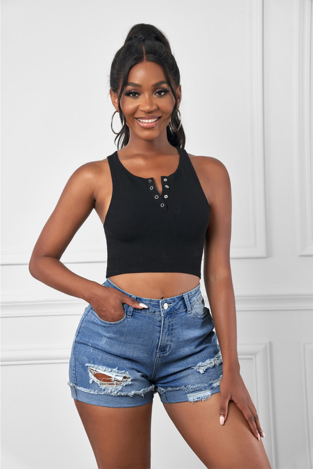 Distressed Ripped Rolled Hem Sky Blue Denim Shorts