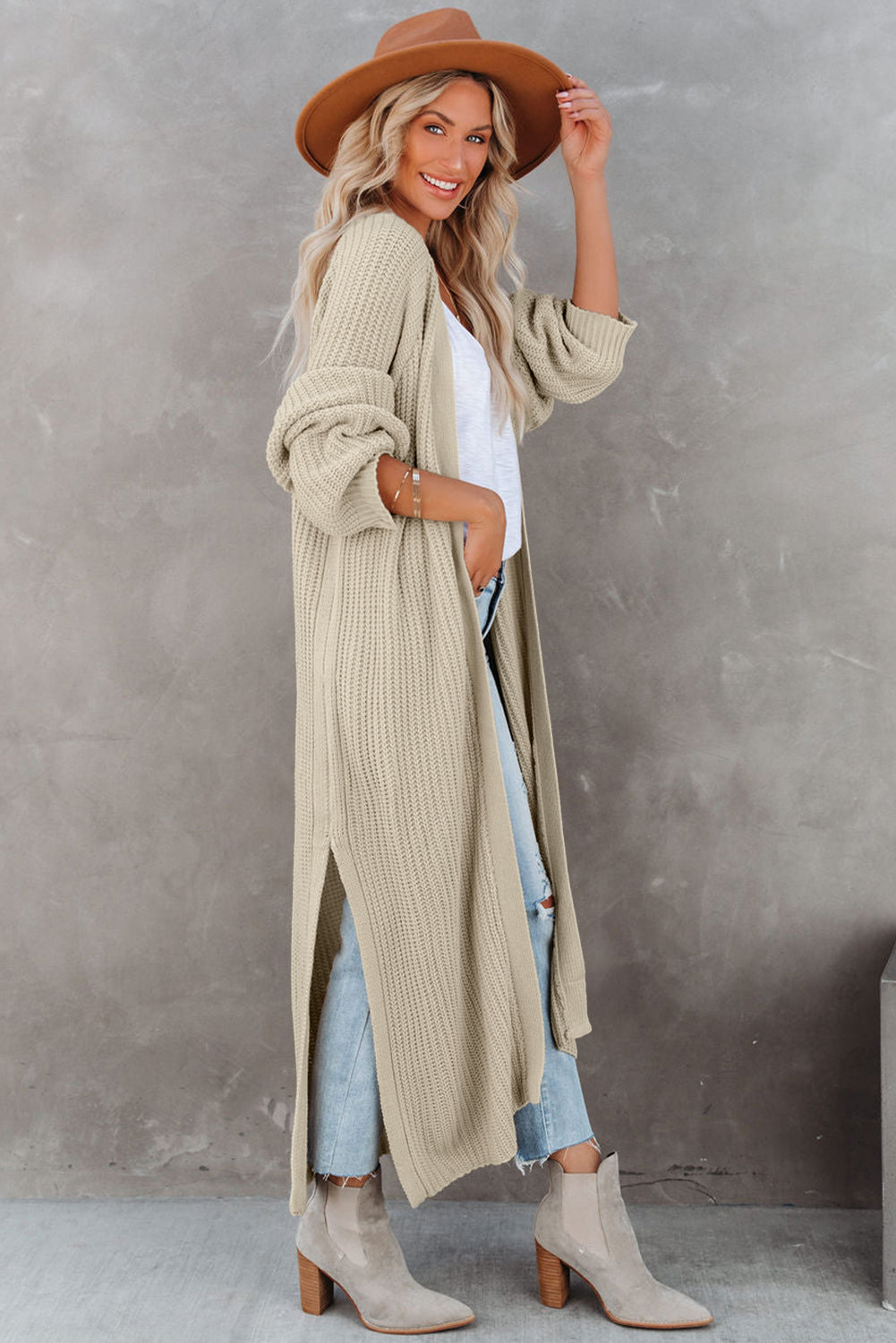Green Open Front Side Slit Duster Knit Cardigan