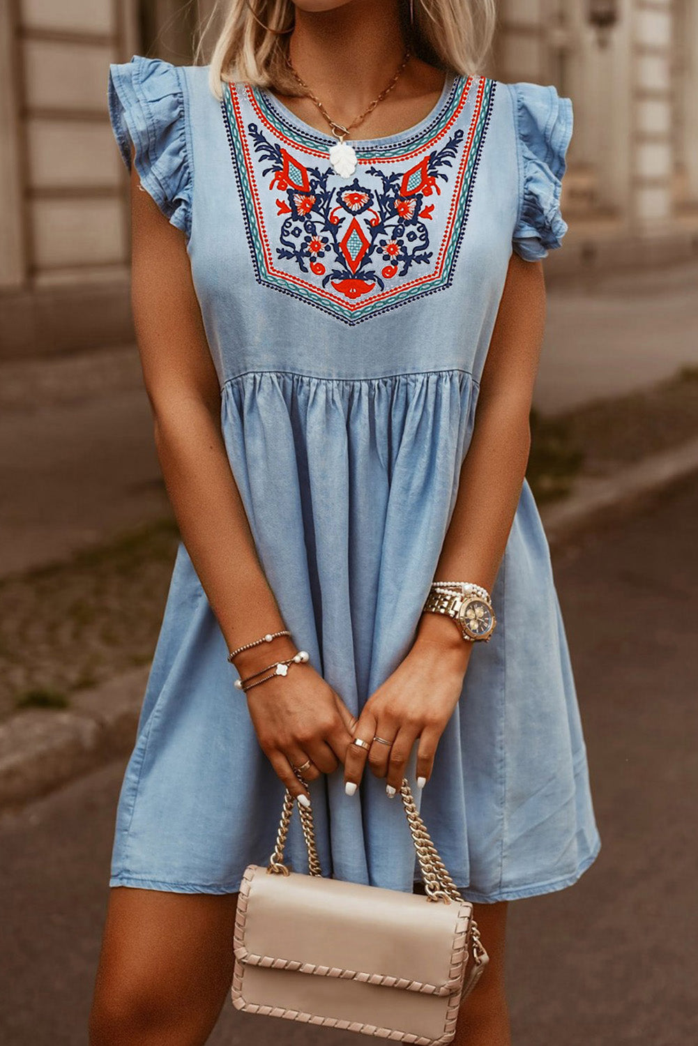 Flutter Sleeve Ruched Denim Casual Dress