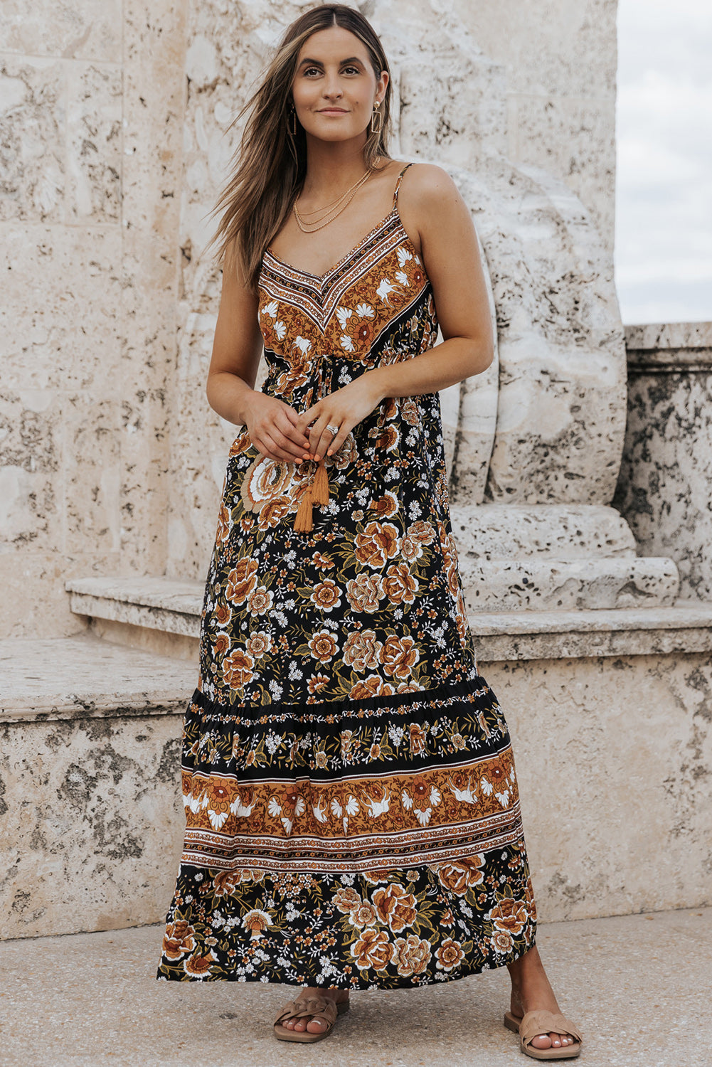 Retro Boho Floral Tassel Tie Maxi Dress