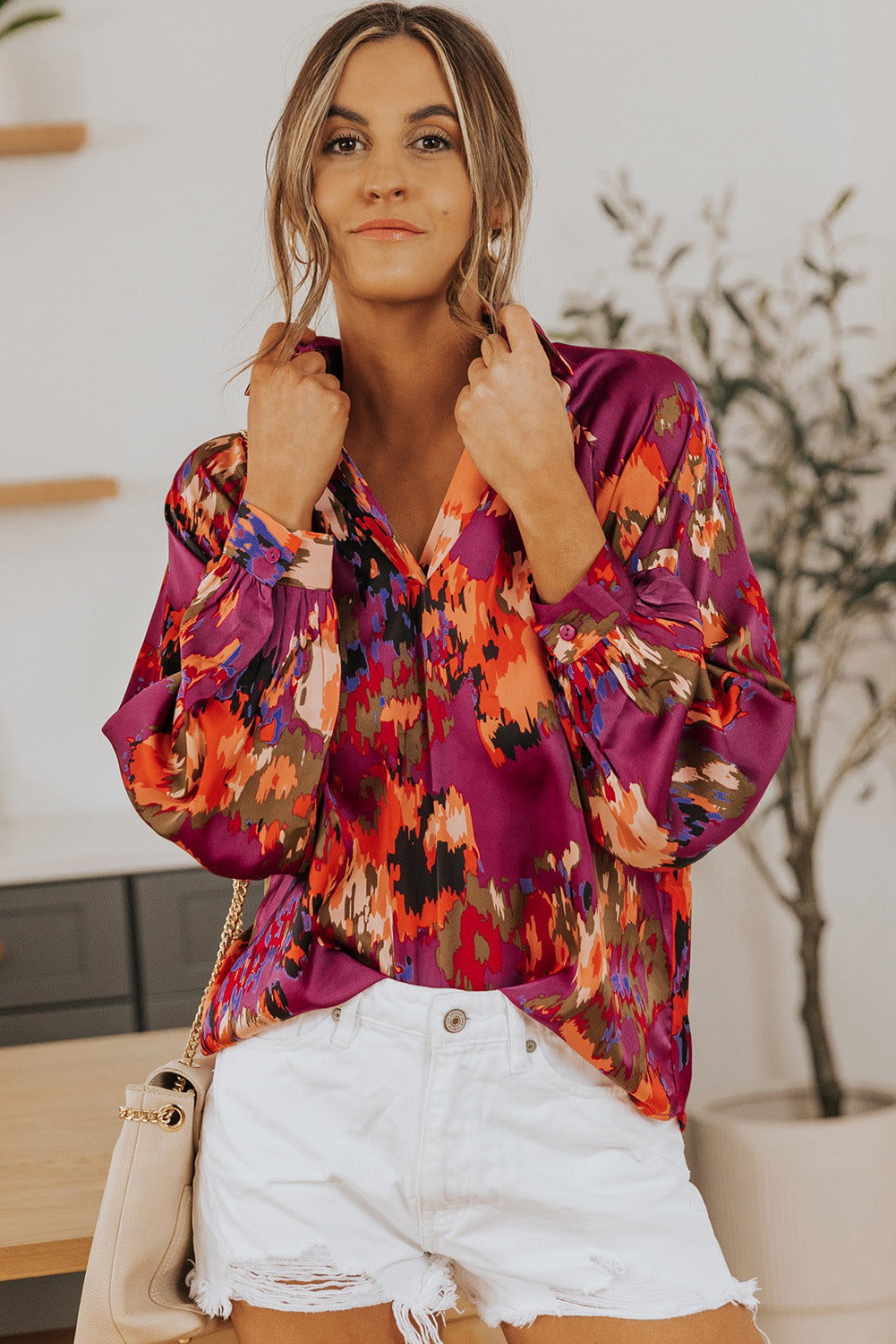 Graffiti Printed V Neck Puff Sleeve Blouse