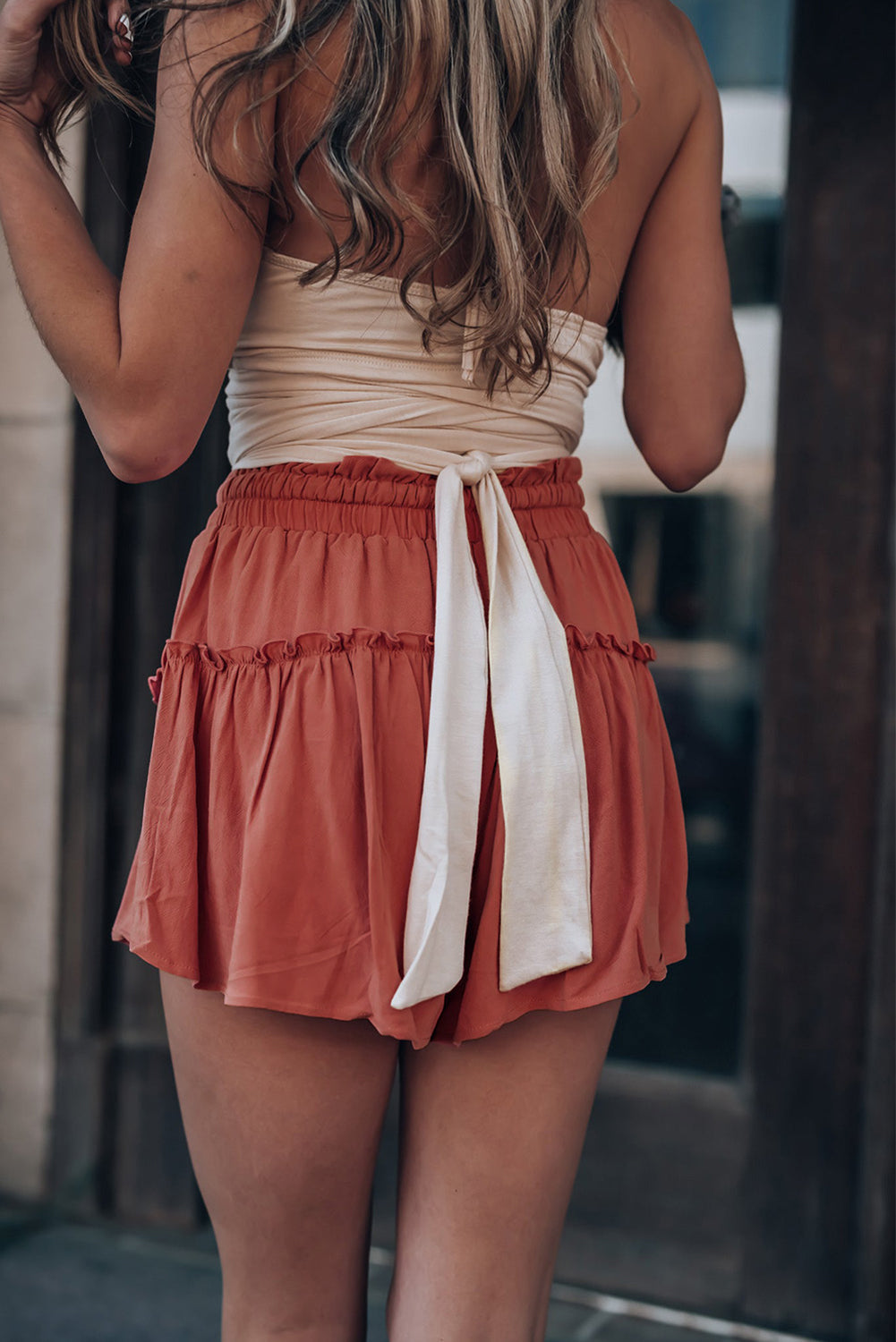 Solid Belted Frill Trim Casual Shorts