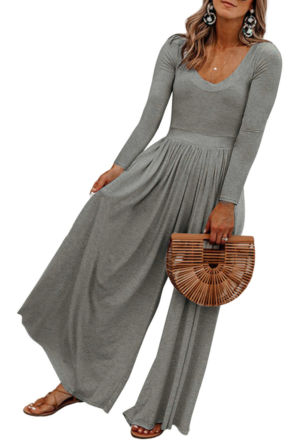 Gray Solid Long Sleeve High Waist Wide Leg Jumpsuit