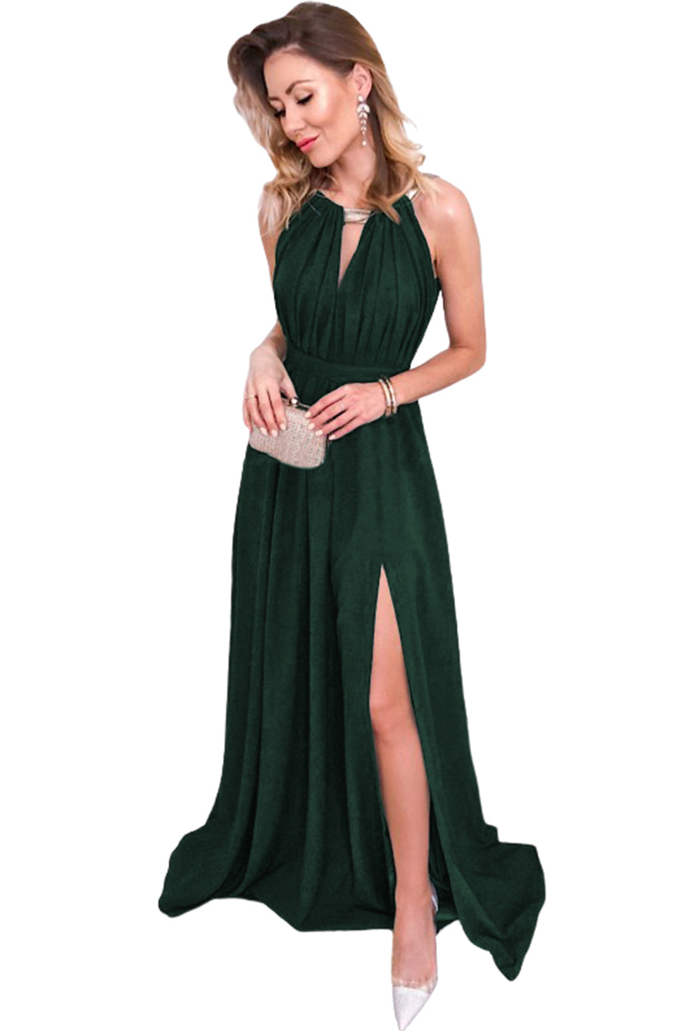 Glitter Trim Cutout Strapless Slit Party Dress