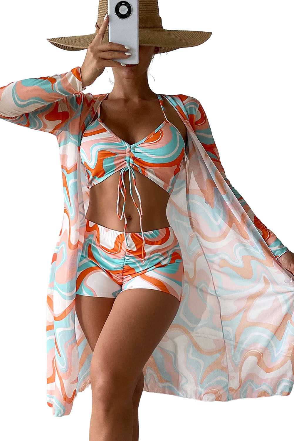 Multicolor Abstract Print Drawstring Bikini and Swim Shorts with Cover Up