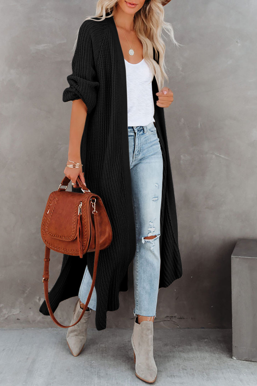 Green Open Front Side Slit Duster Knit Cardigan