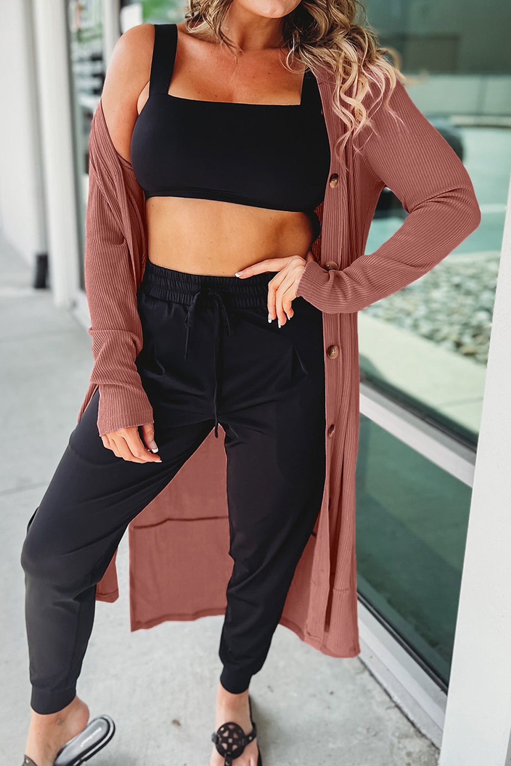 Light French Beige Ribbed Button-Up Split Duster Cardigan