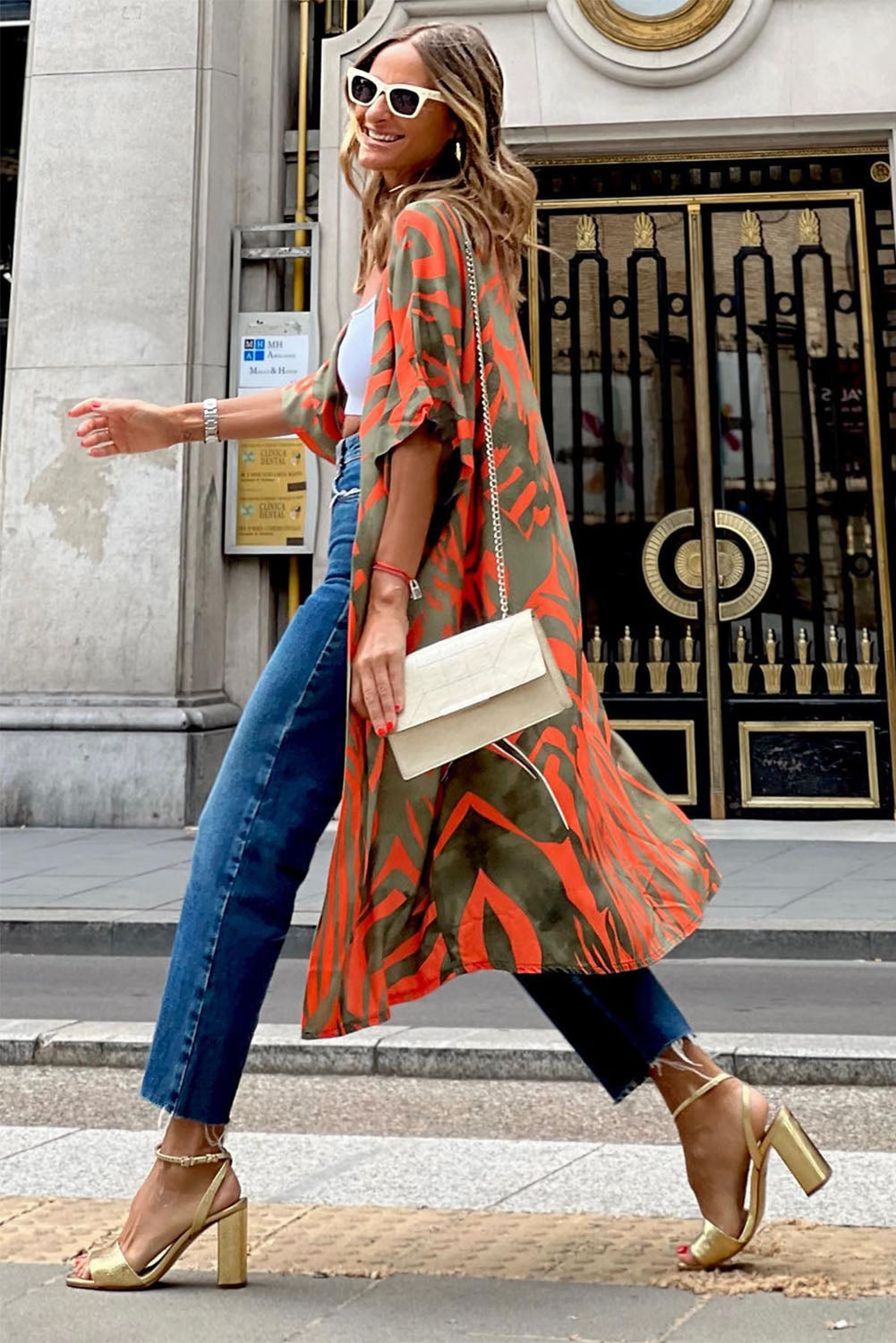 Multicolor Abstract Print Half Sleeves Kimono