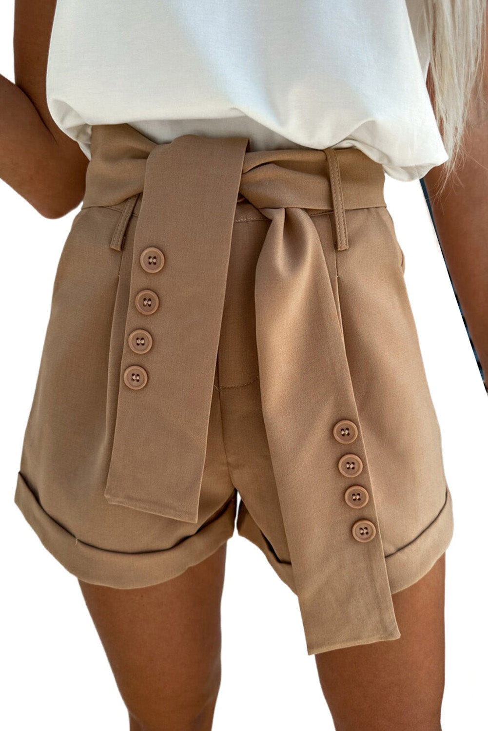 Button Decor Belt Rolled Hem Shorts