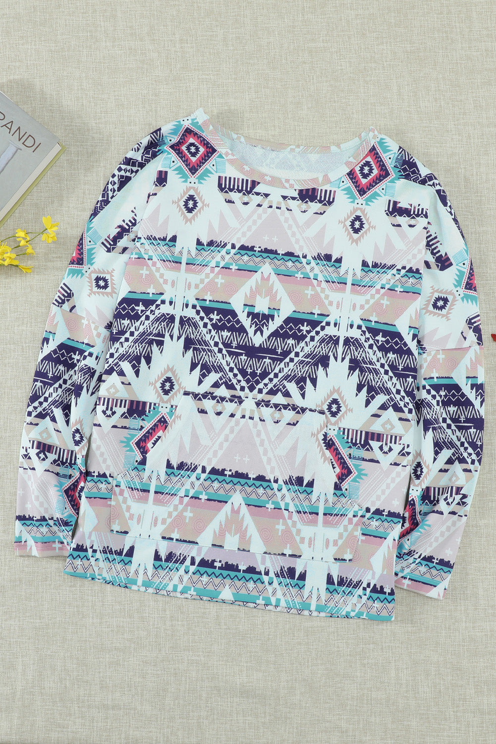 Multicolor Rustic Tribal Front Pocket Long Sleeve Top