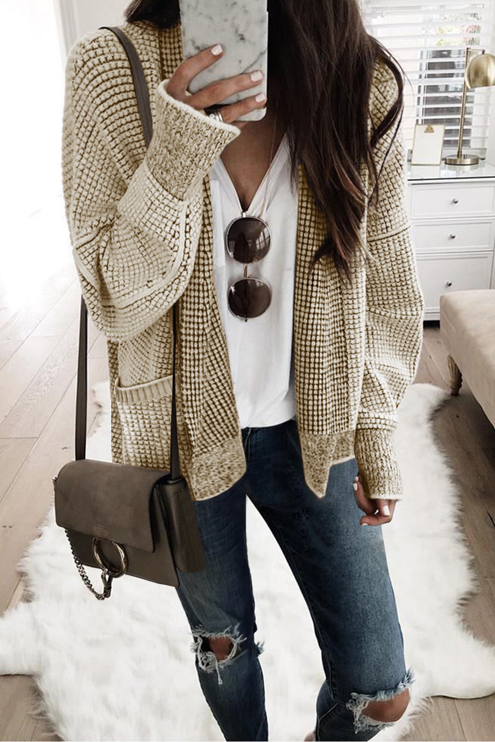 Pink Chunky Waffle Knit Oversized Collar Cardigan