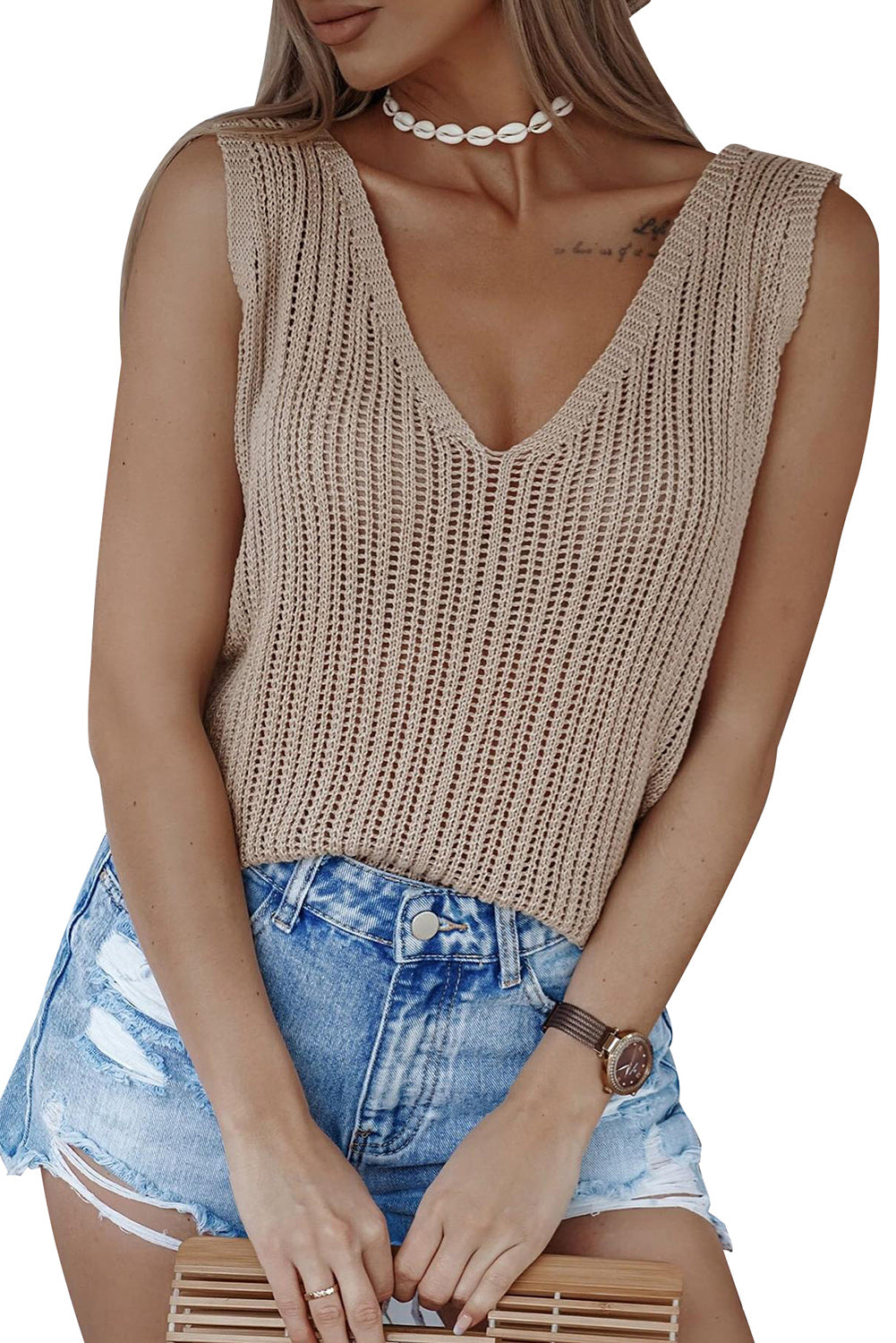 Hollowed Knit V Neck Tank Top