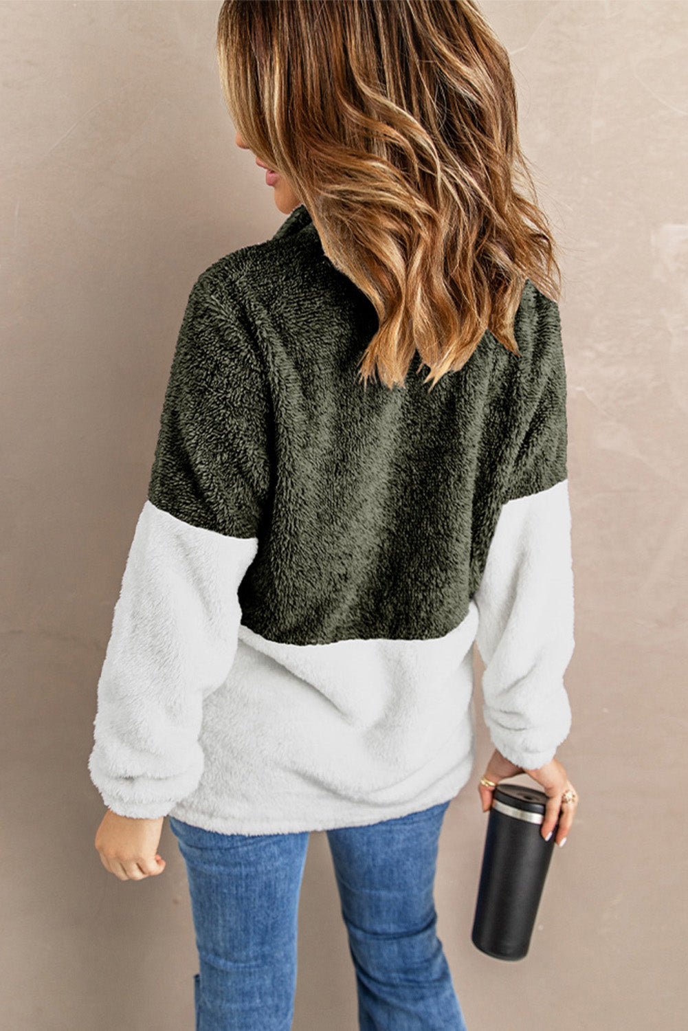 Charcoal White Zip Neck Oversize Fluffy Fleece Pullover