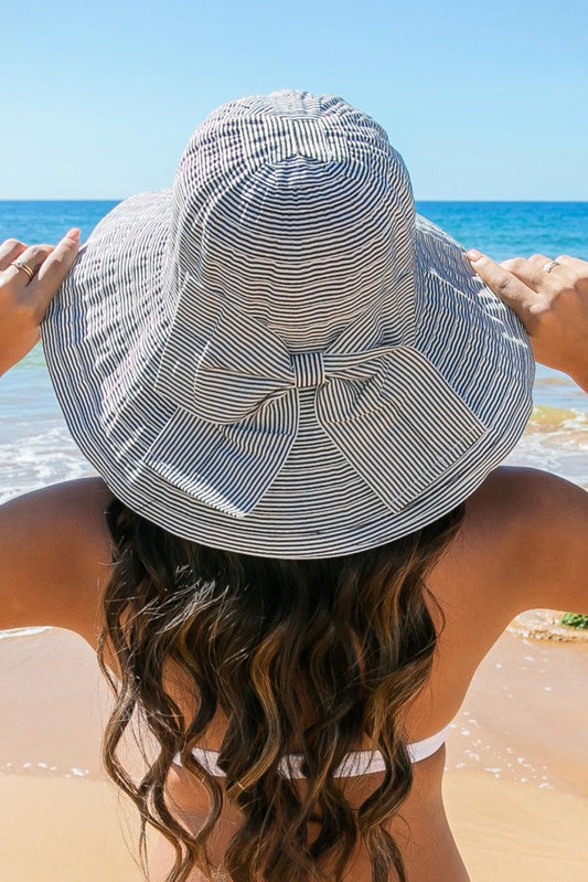 Striped Print Bow Knot Wide Brim Buckle Hat