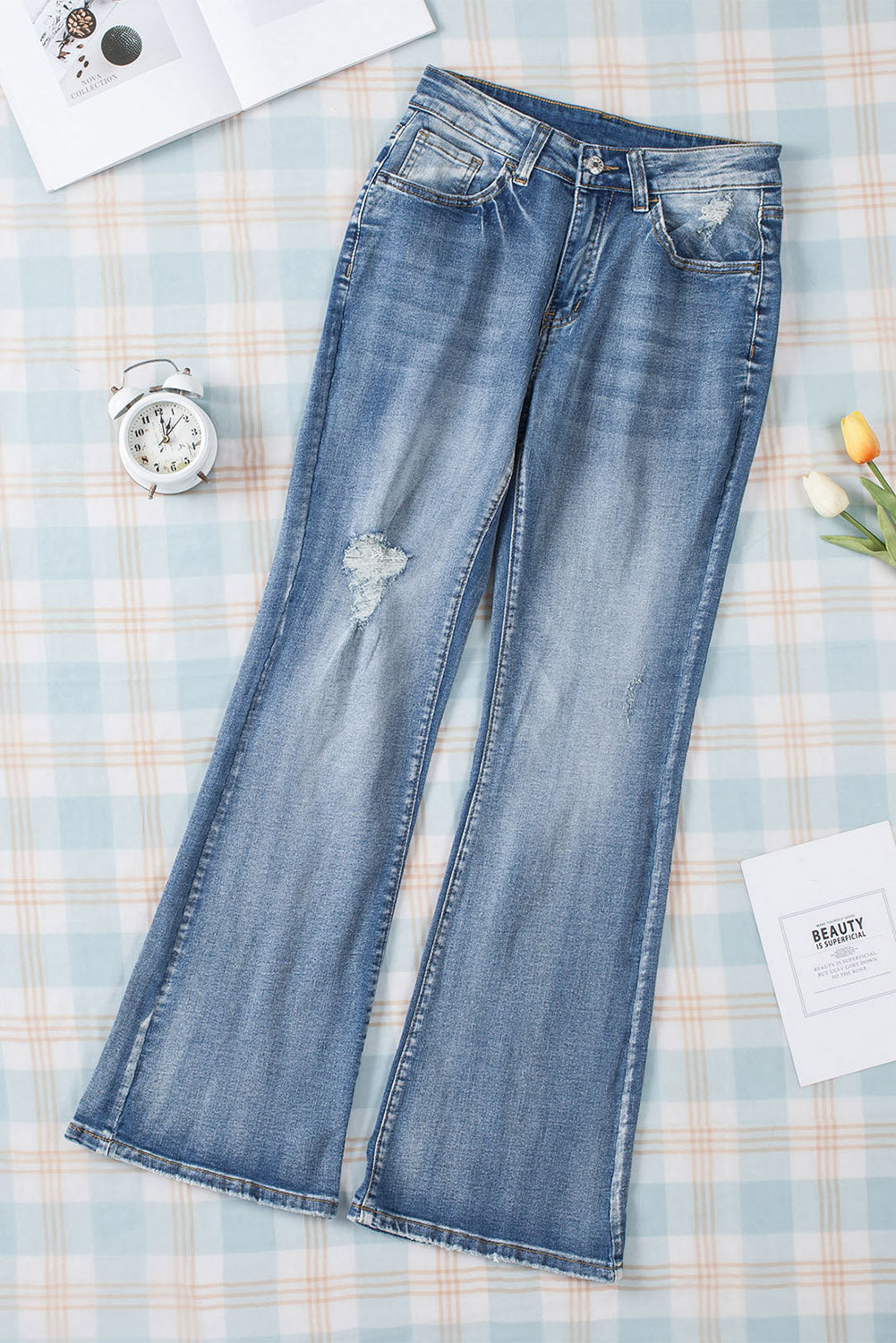 High Waist Ripped Raw Hemline Flare Jeans