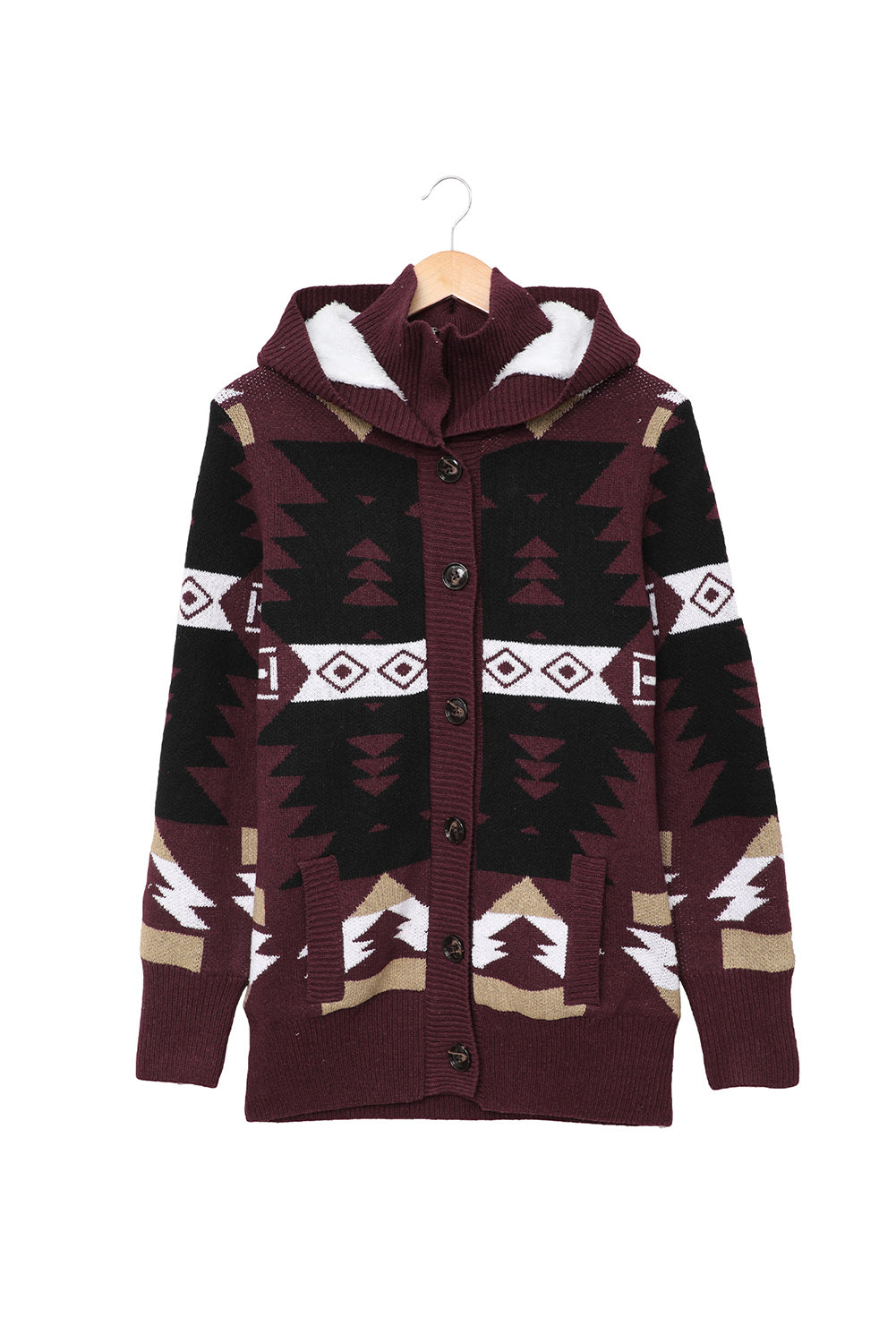 Retro Jacquard Pattern Buttoned Front Hooded Sweater