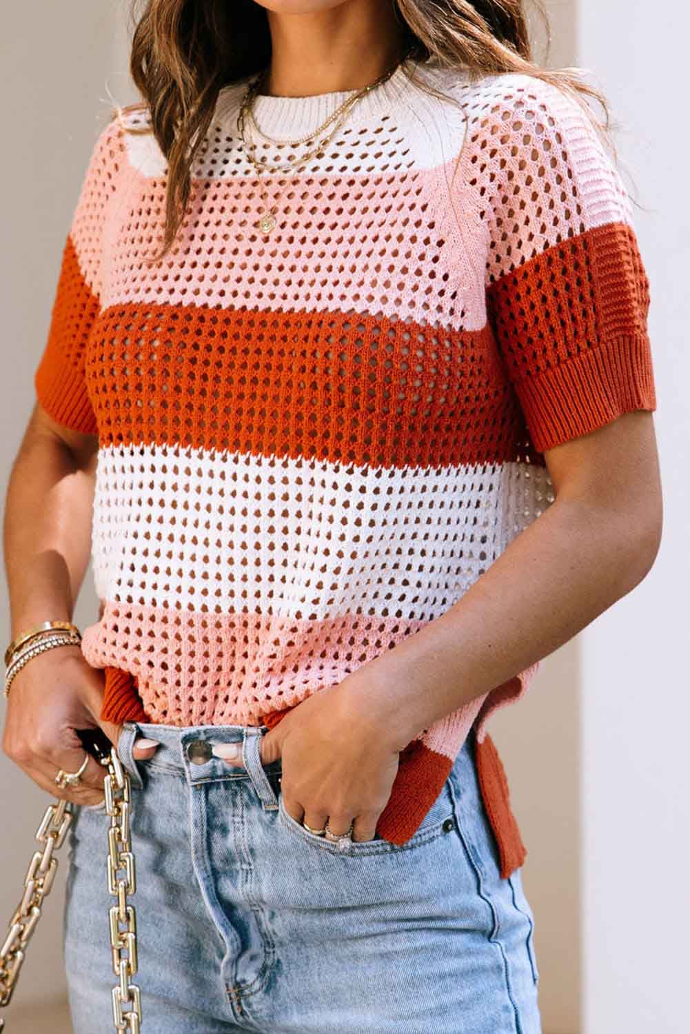 Crochet Knit Colorblock Stripe Top