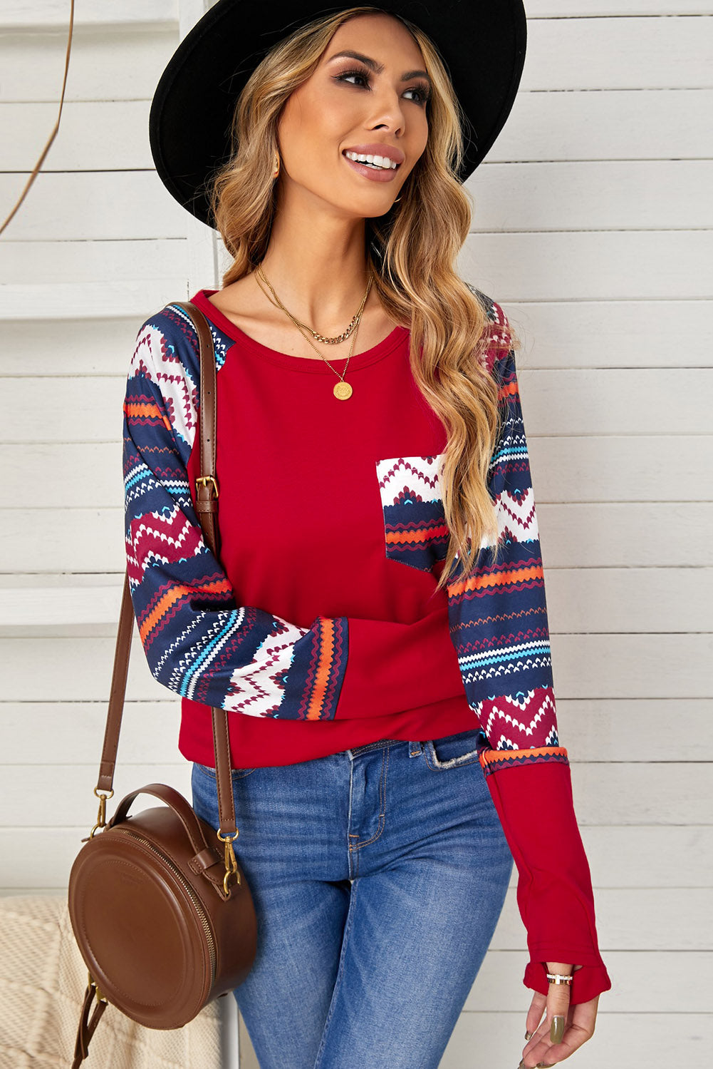 Raglan Sleeve Aztec Geometric Patchwork Top with Pocket