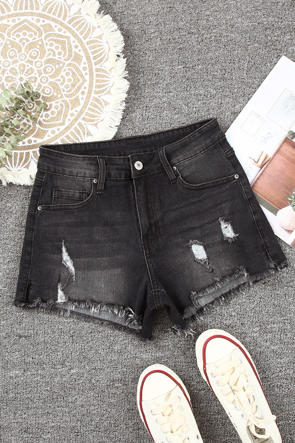 Distressed Ripped Denim Shorts with Pockets