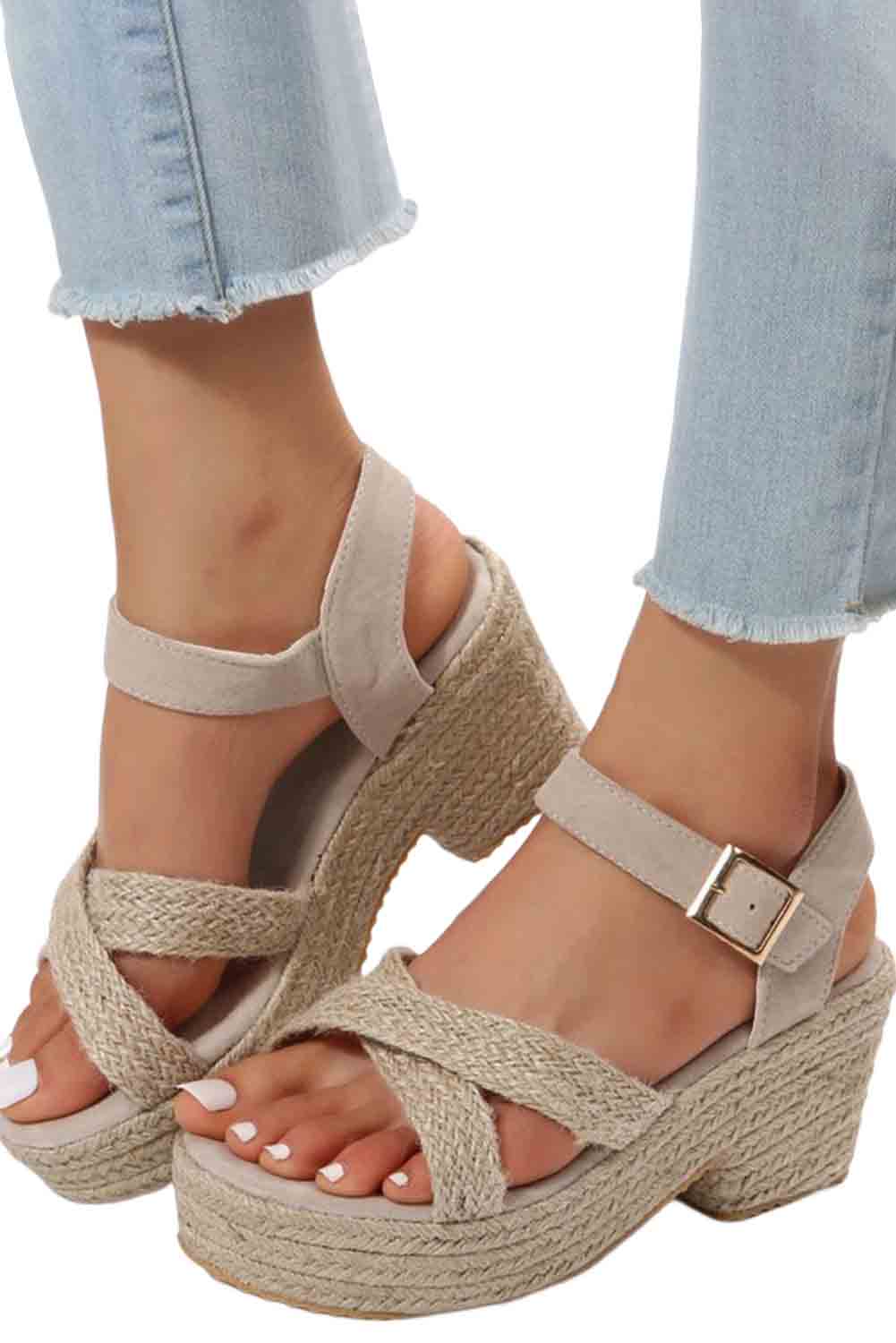 Criss Cross Linen Woven Buckle Wedge Sandals