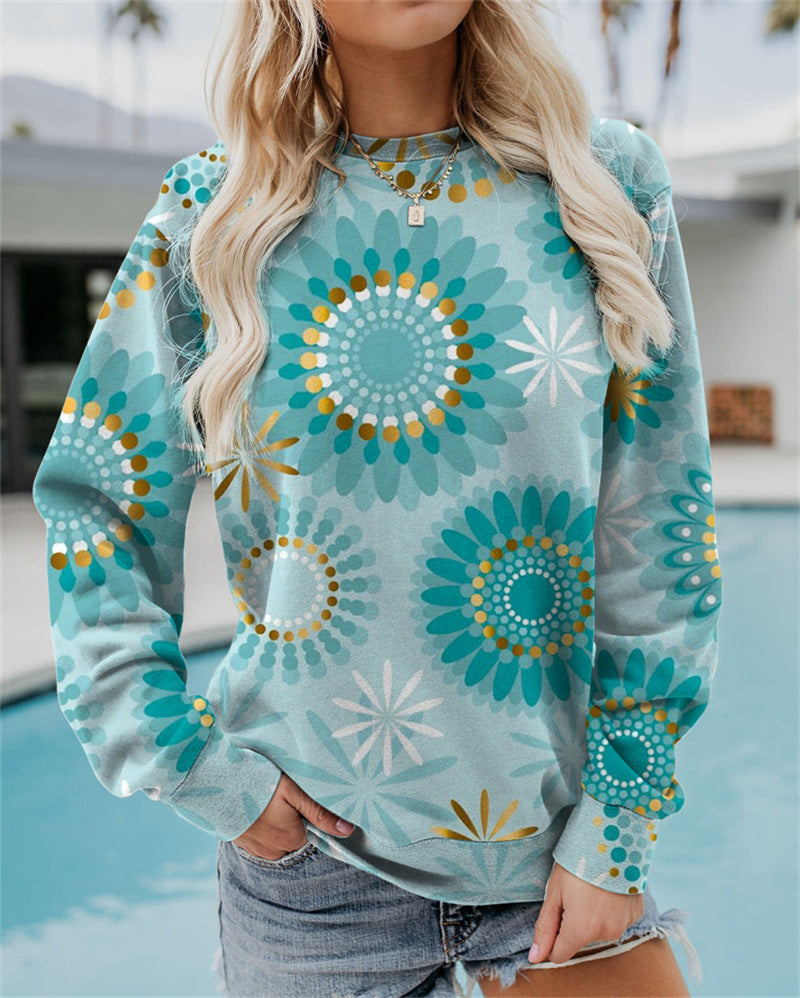 Geometric Loose Print Long Sleeve Crew Neck Sweater