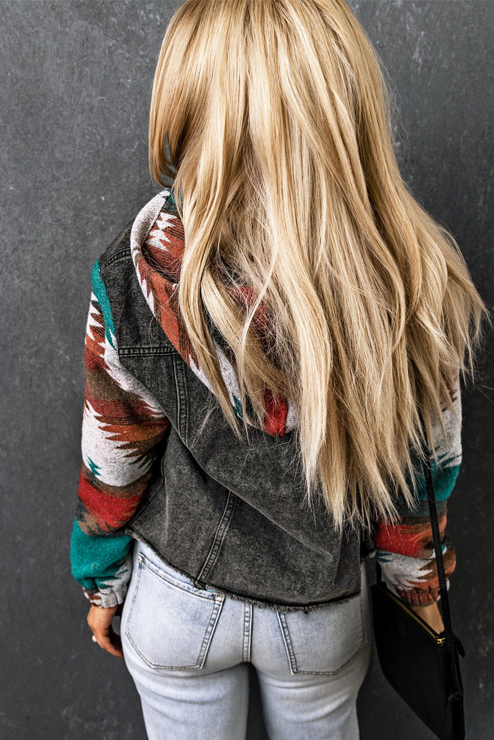 Multicolor Aztec Print Frayed Hem Denim Jacket