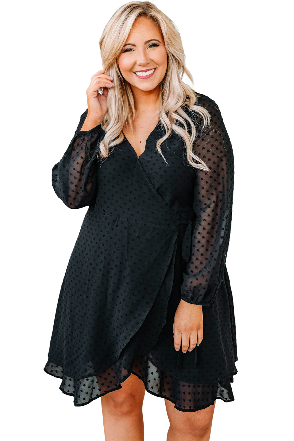 Plus Size Swiss Dot V Neck Wrap Long Sleeve Dress