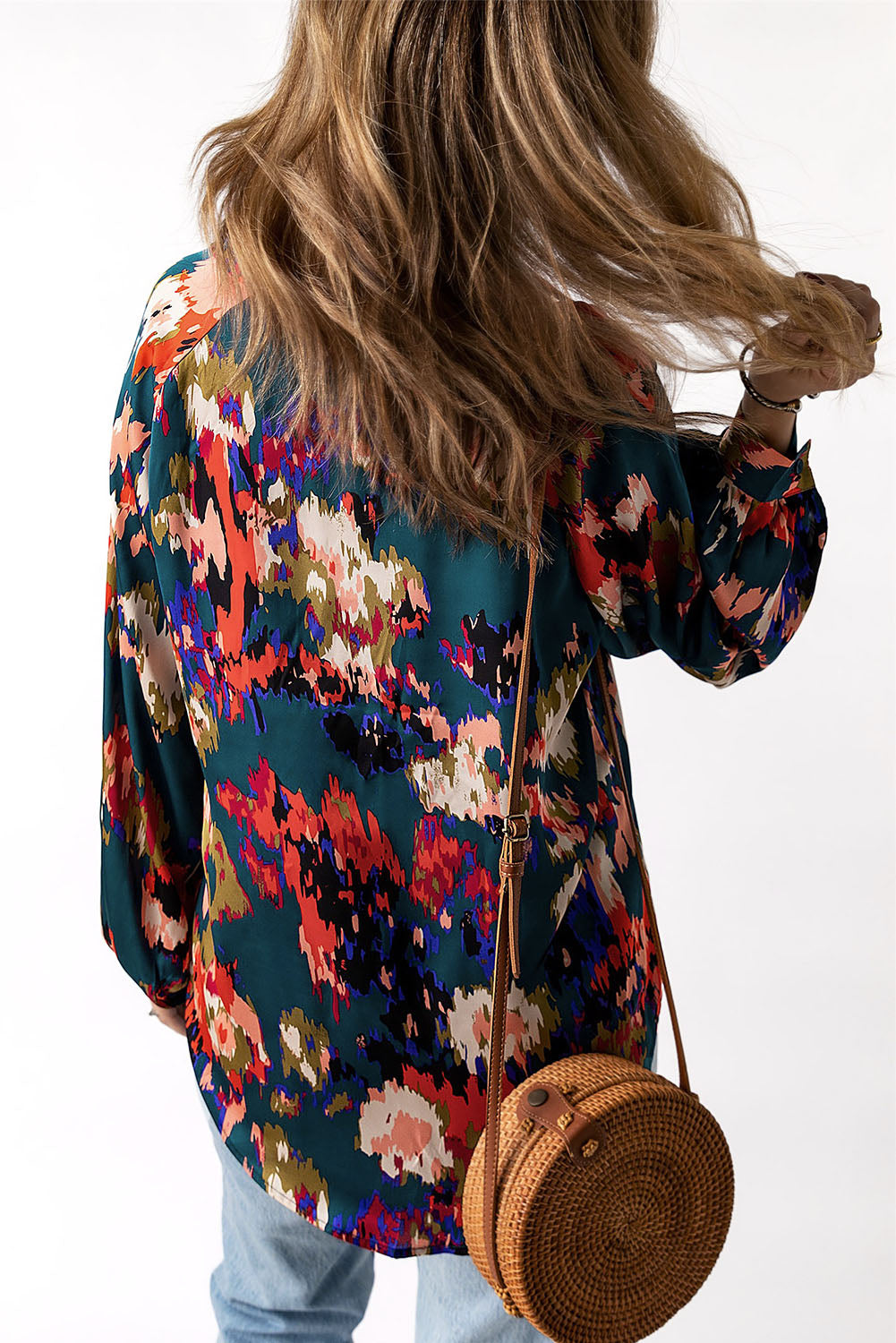 Graffiti Printed V Neck Puff Sleeve Blouse
