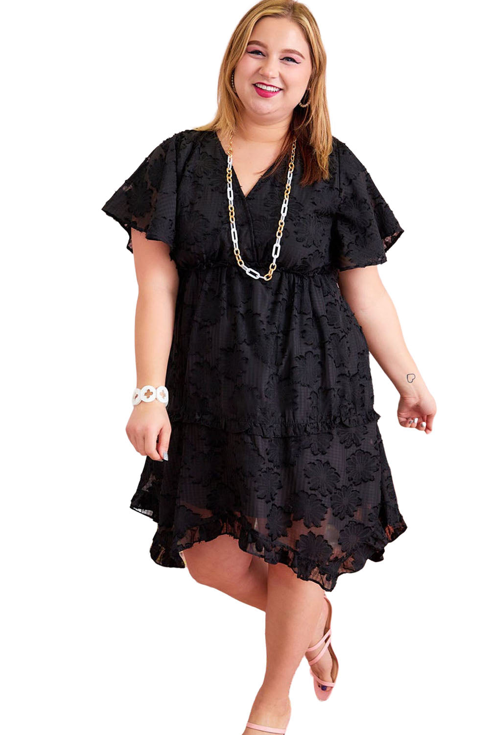 Floral Jacquard Flutter Sleeve Plus Size Mini Dress