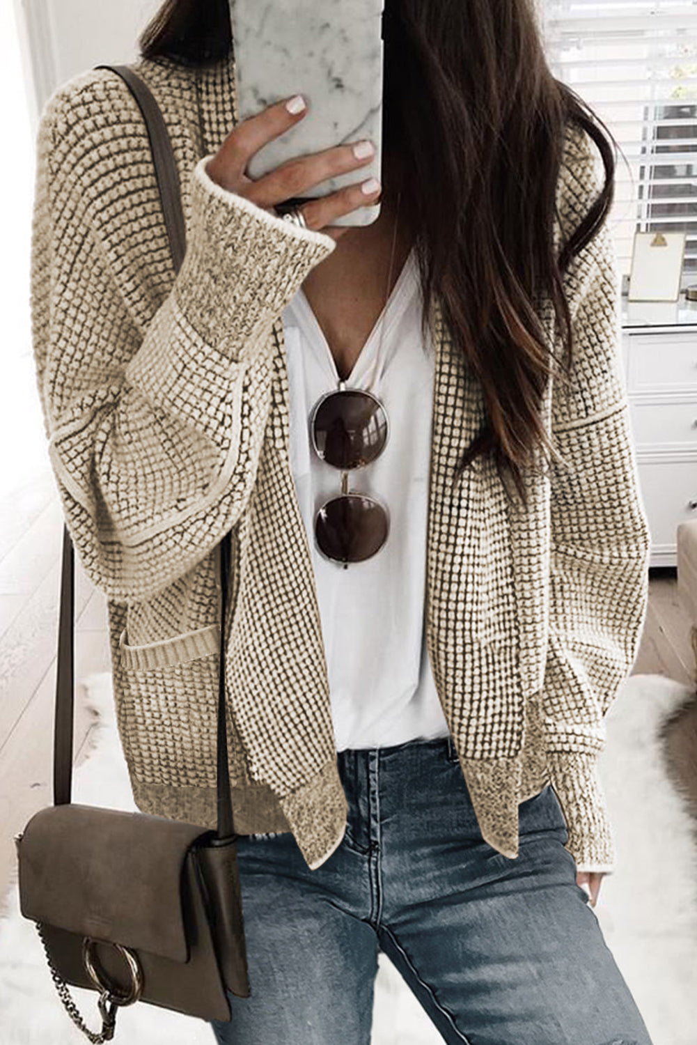 Pink Chunky Waffle Knit Oversized Collar Cardigan