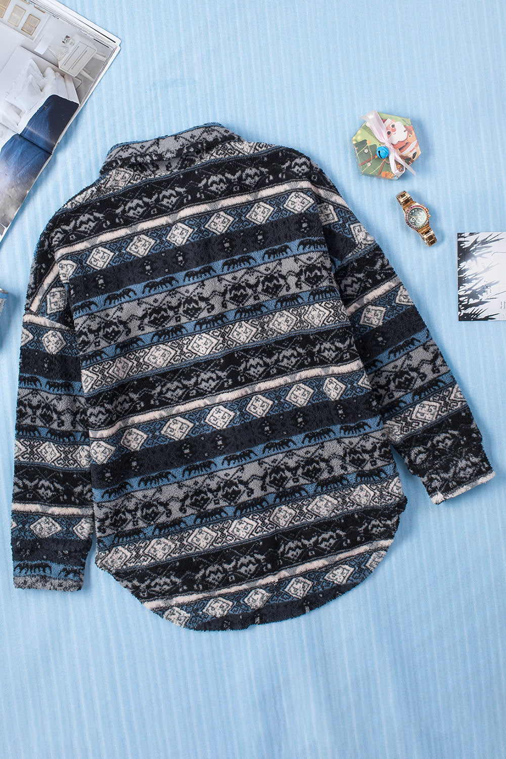 Tribal Print Pocket Buttoned Sherpa Jacket