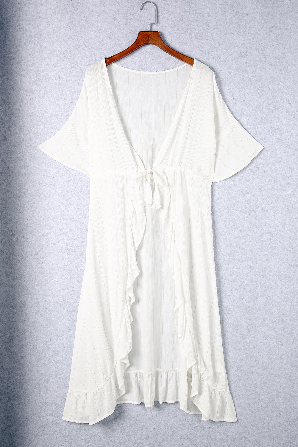Loose Half Sleeve Cinched Waist Ruffled Duster Kimono