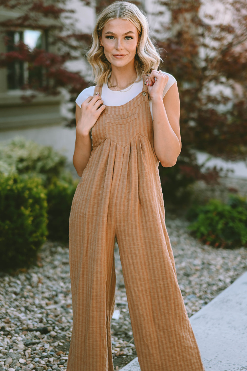 Chicory Coffee Striped Pleated Wide Leg Pocketed Jumpsuit