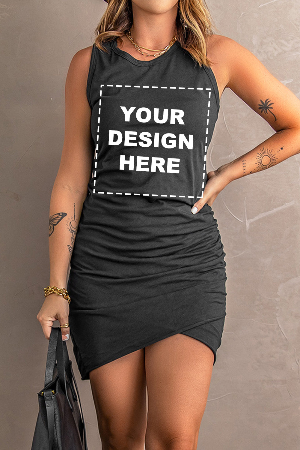 Ruched Arch Hem Round Neck Sleeveless Mini Dress