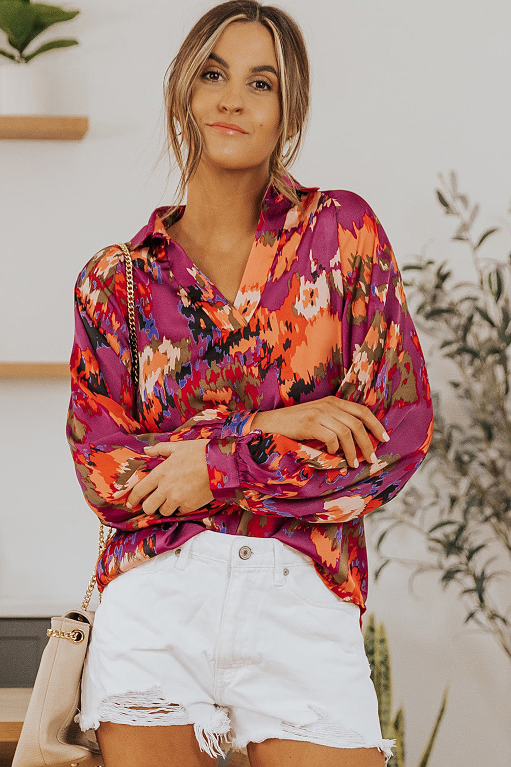 Graffiti Printed V Neck Puff Sleeve Blouse
