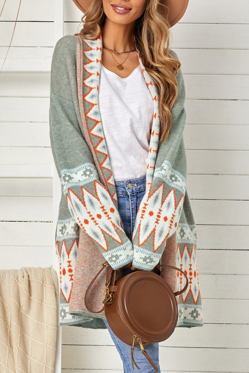 Green Aztec Print Open Front Knitted Cardigan