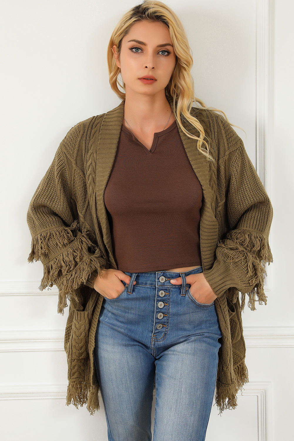 Fringe Trim Cable Knit Open Cardigan