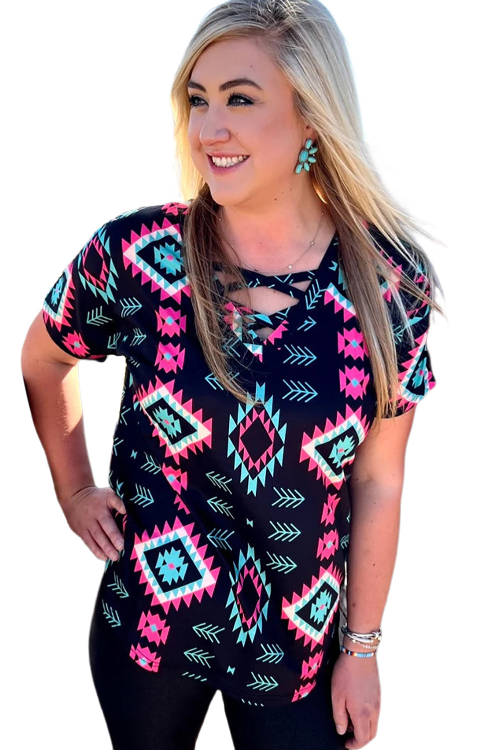 Western Fashion Aztec Print Crisscross V Neck Top