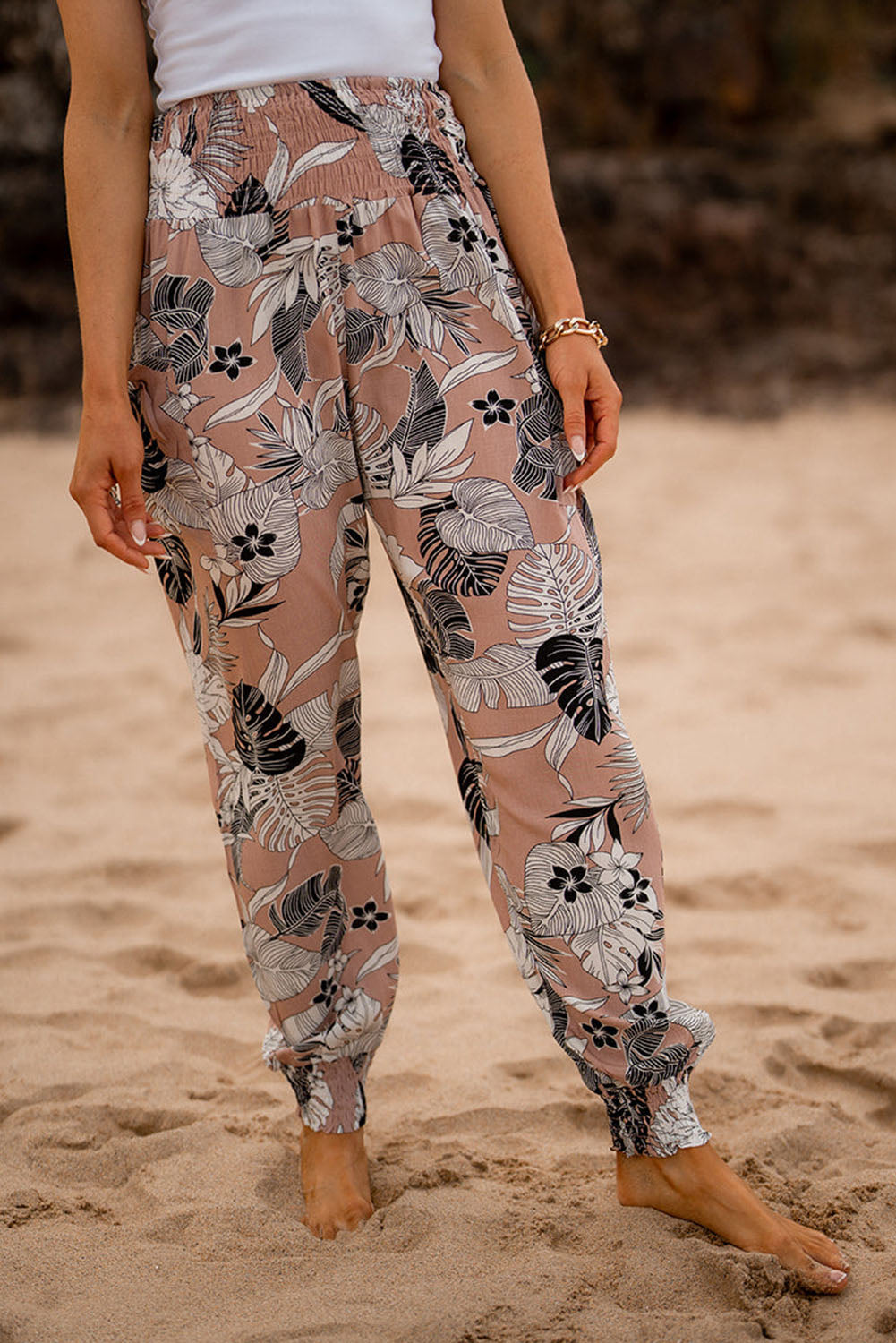 Multicolor Boho Smocked Waist Floral Print Jogger Casual Pants