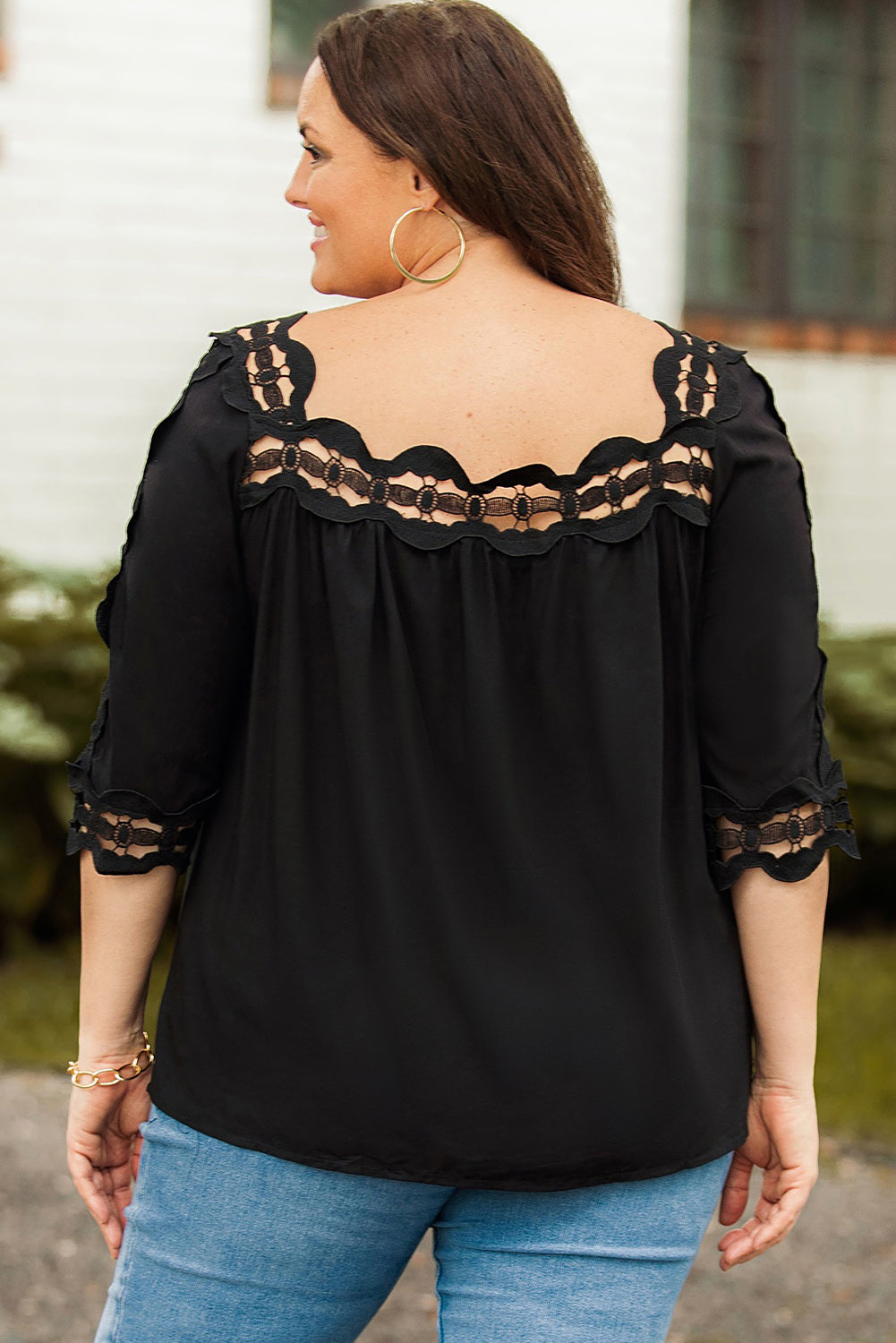 Green Drak Green Crochet Trim Hollow-out Blouse