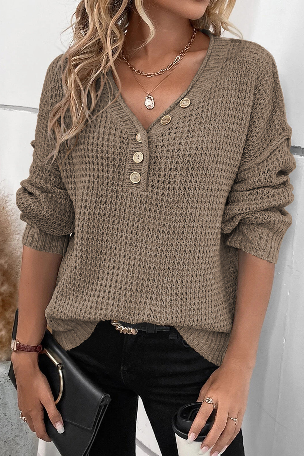 Coffee Pointelle Knit Button V Neck Drop Shoulder Sweater